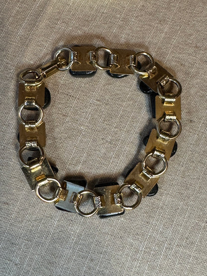 Vintage Black-Blue Stone Bead Bracelet with Gold Tone Link Spacers – Geometric Design