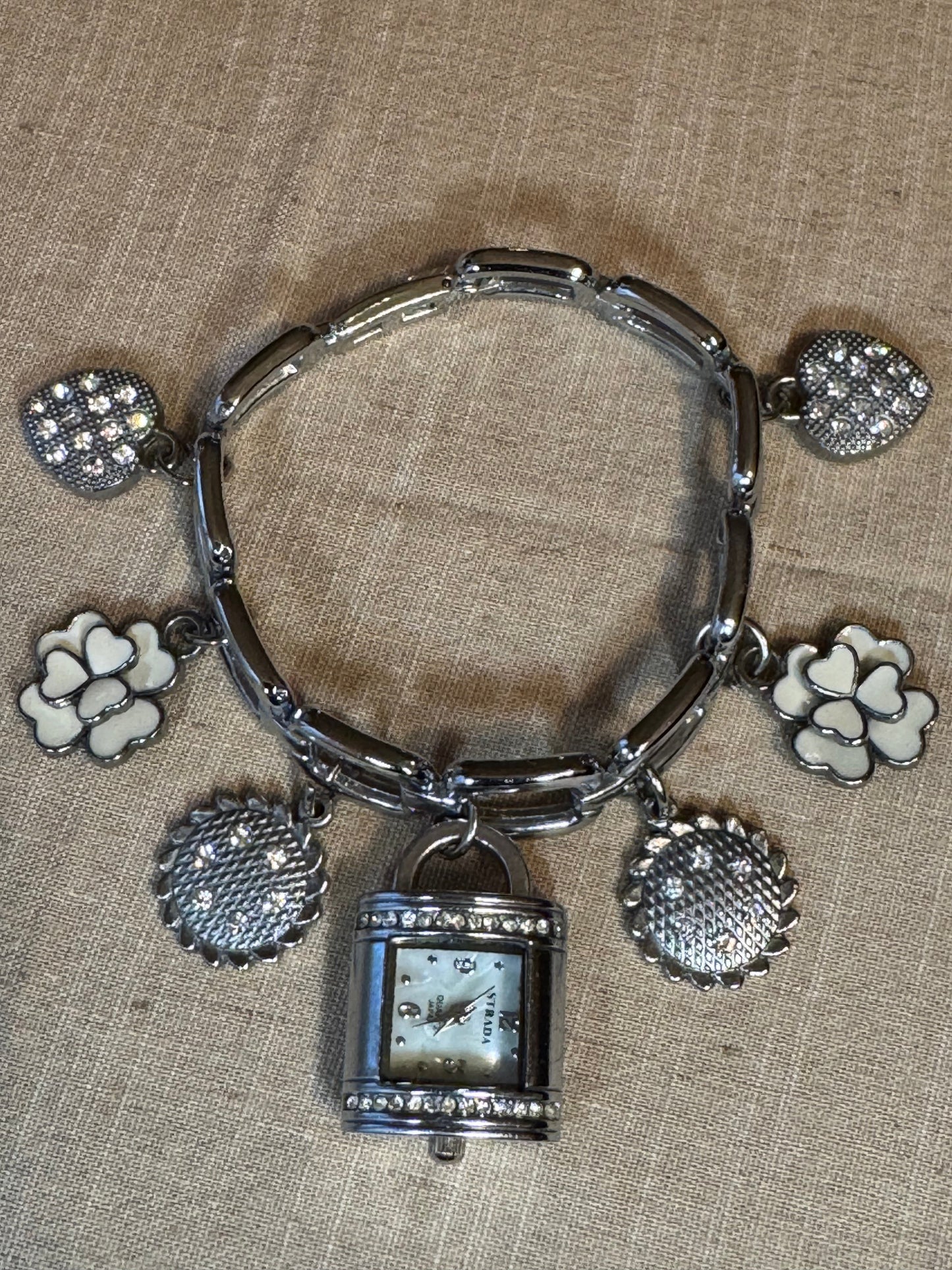 Strada Silver Tone Charm Bracelet Watch – Floral & Crystal Accents