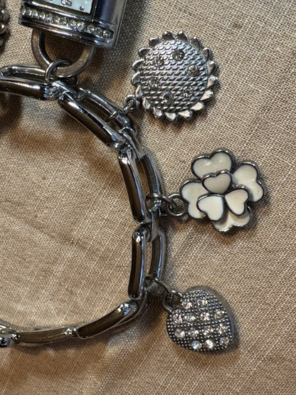 Strada Silver Tone Charm Bracelet Watch – Floral & Crystal Accents