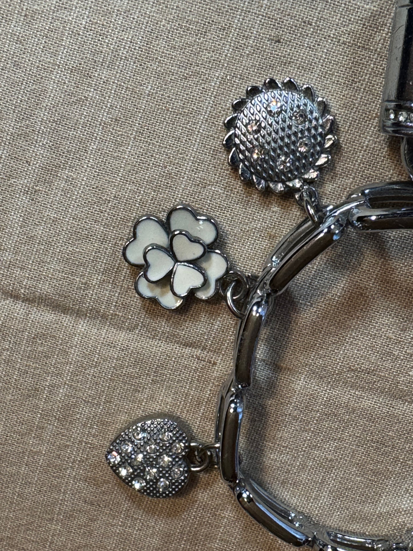 Strada Silver Tone Charm Bracelet Watch – Floral & Crystal Accents
