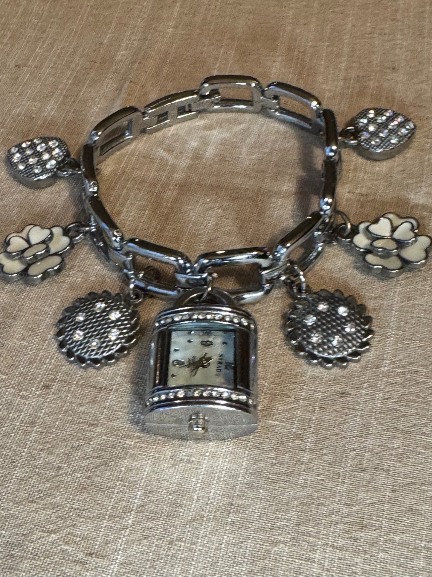 Strada Silver Tone Charm Bracelet Watch – Floral & Crystal Accents
