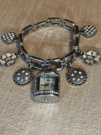 Strada Silver Tone Charm Bracelet Watch – Floral & Crystal Accents