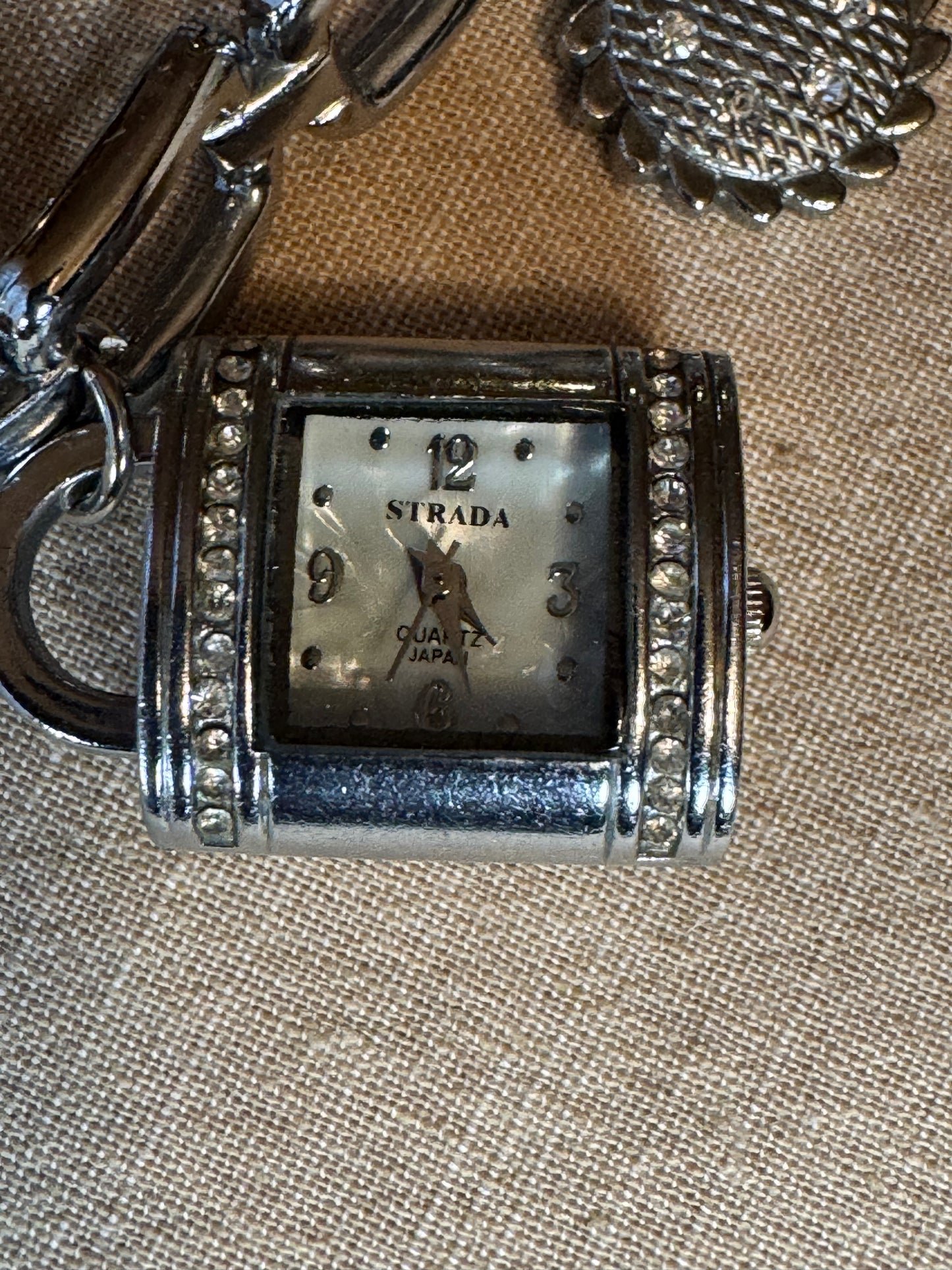 Strada Silver Tone Charm Bracelet Watch – Floral & Crystal Accents