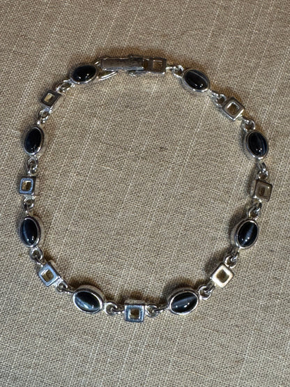 Vintage Modernist Link Bracelet – Black Cat’s Eye Cabochons & Silver Links