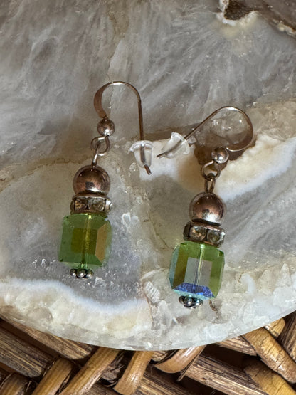 Peridot Green Crystal Cube Dangle Earrings – Silver Tone with Rhinestone Accents