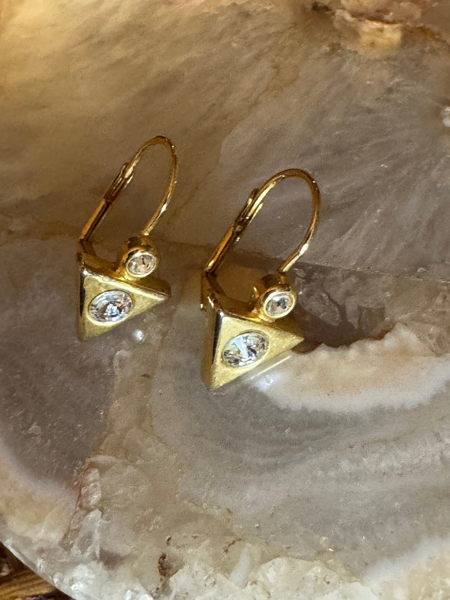 Gold Tone Triangle Lever-Back Earrings with Crystal Accents