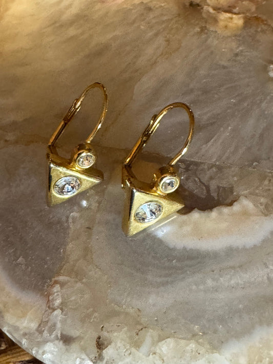 Gold Tone Triangle Lever-Back Earrings with Crystal Accents