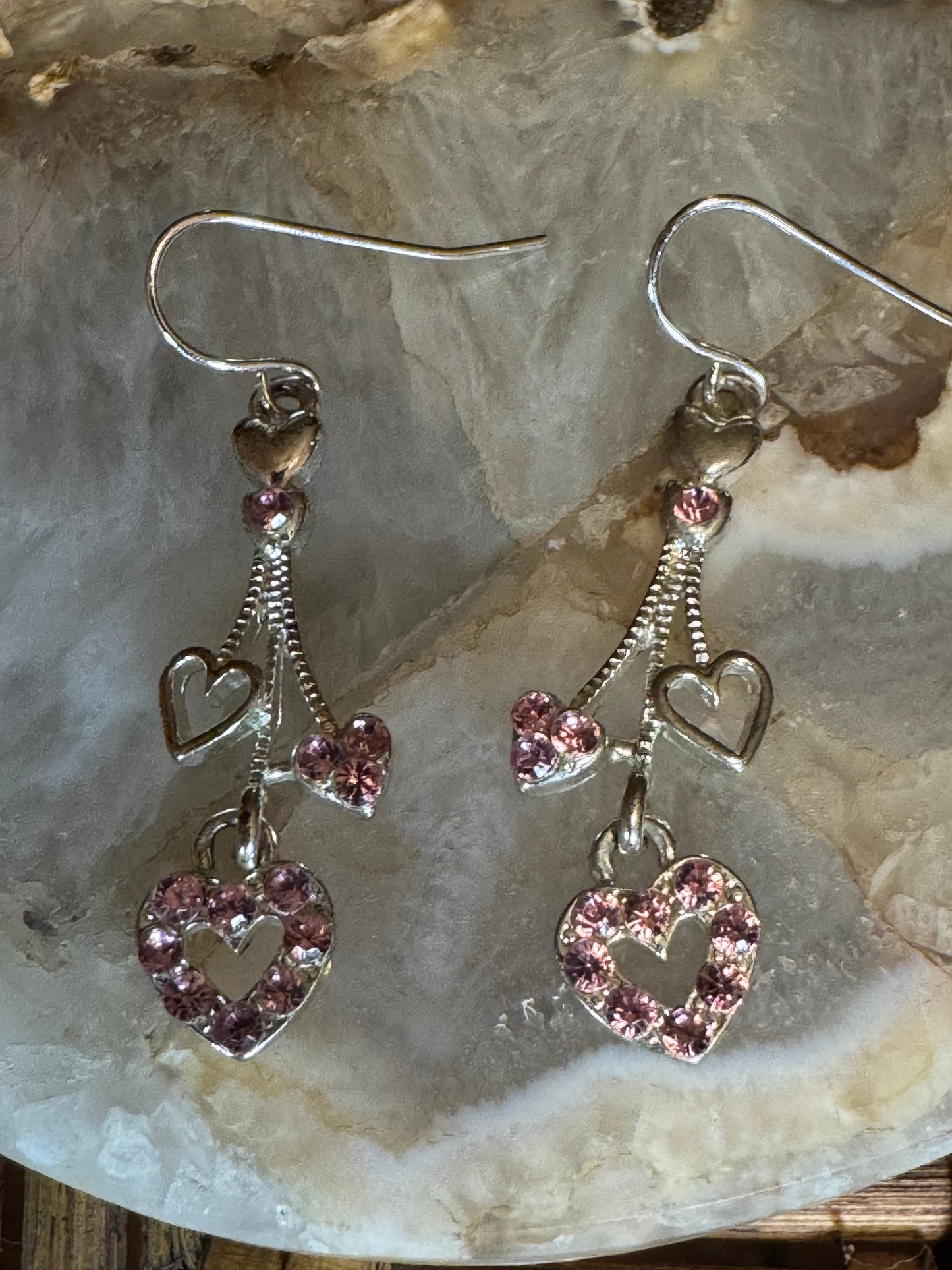 Silver-Tone Dangle Heart Earrings with Pink Rhinestone Accents