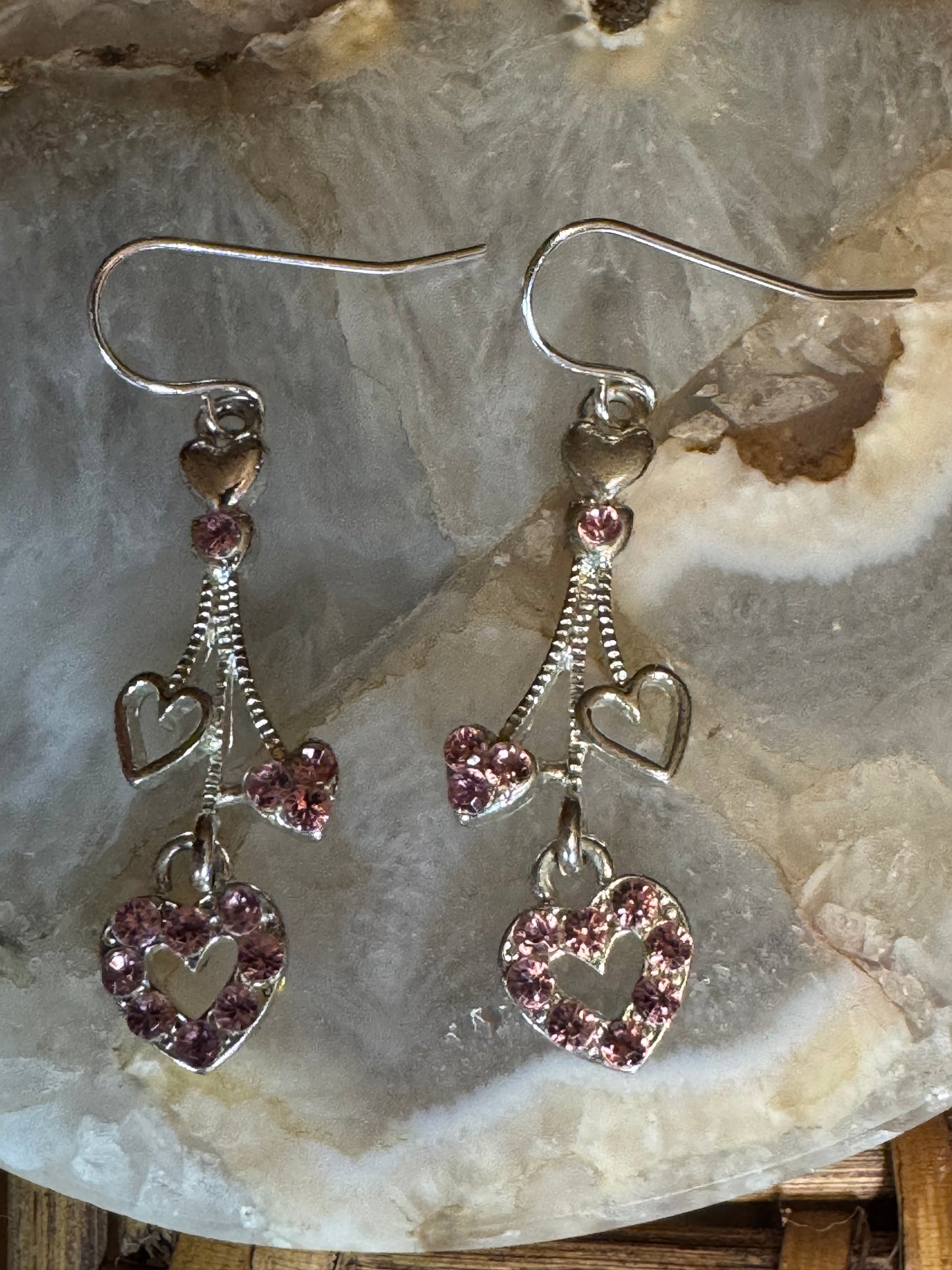 Silver-Tone Dangle Heart Earrings with Pink Rhinestone Accents