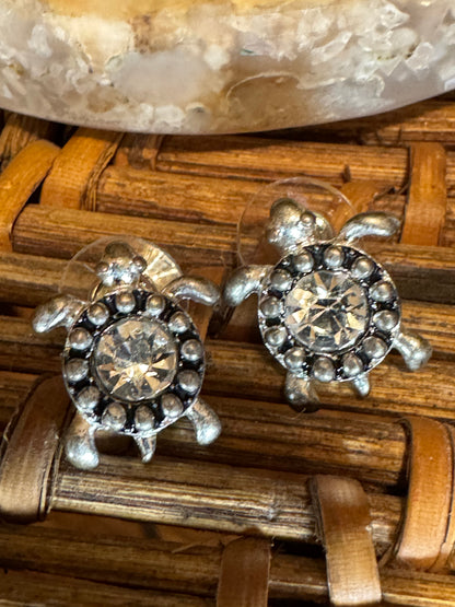 Silver-Tone Turtle Stud Earrings with Clear Crystal Accents