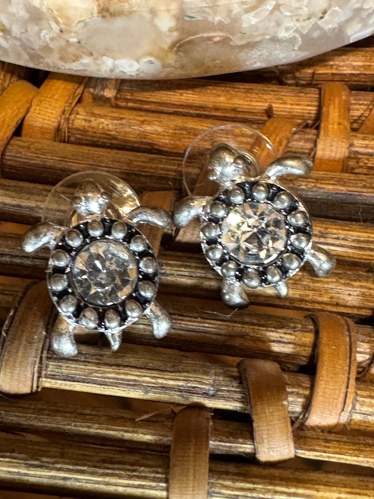 Silver-Tone Turtle Stud Earrings with Clear Crystal Accents