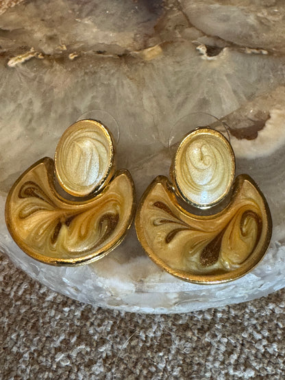 Vintage Monet Swirl Enamel Earrings – Cream & Brown with Gold Tone