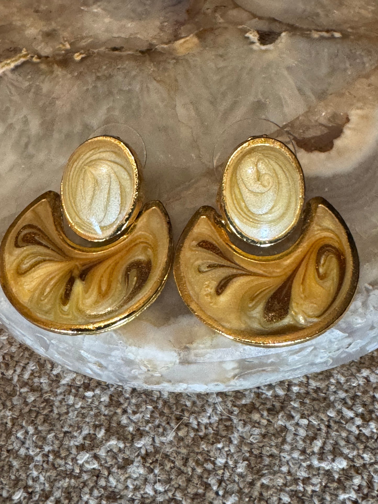 Vintage Monet Swirl Enamel Earrings – Cream & Brown with Gold Tone