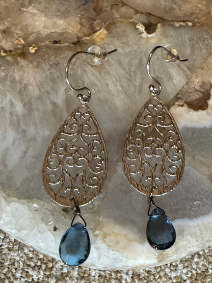 Teardrop Filigree Dangle Earrings with Blue Stone Accents – Silver Tone