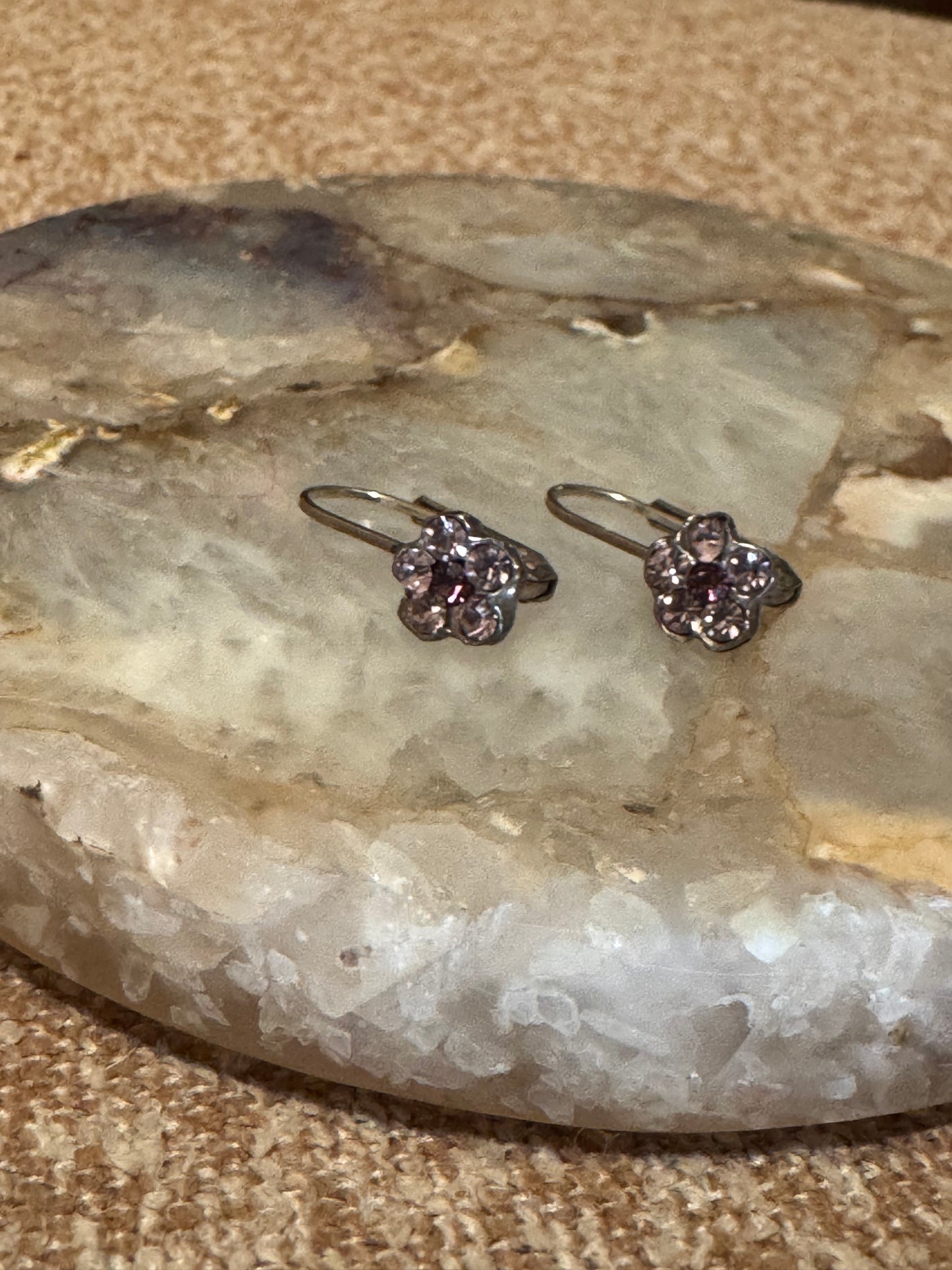 Sterling Silver Floral Cluster Lever-Back Earrings with Purple Crystal Accents