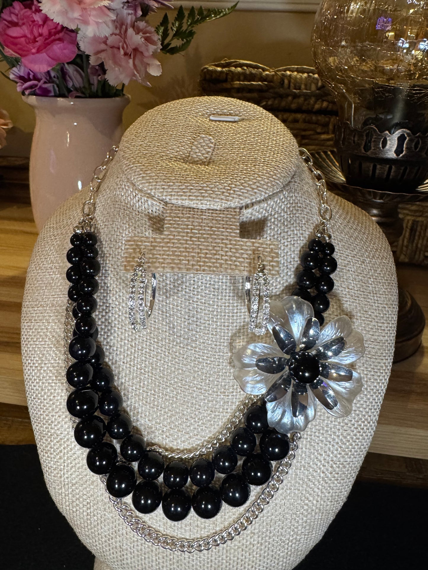 Vintage Inspired Triple-Layer Black Bead &Silver-Tone Chain Flower Necklace
