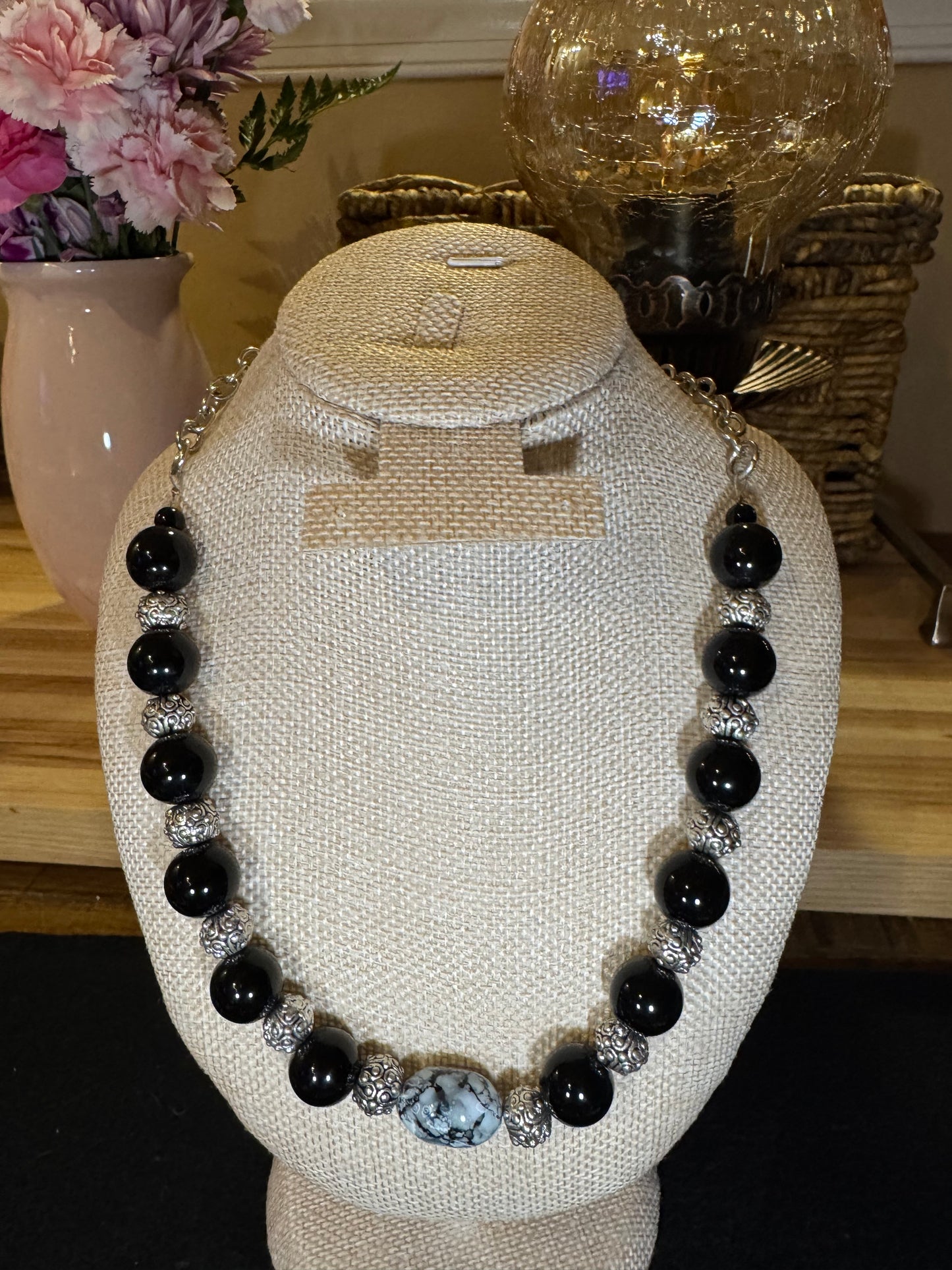 Statement Graduated Black Bead & Ornate Silver-Tone Necklace — Sculptural Elegance & Timeless Presence