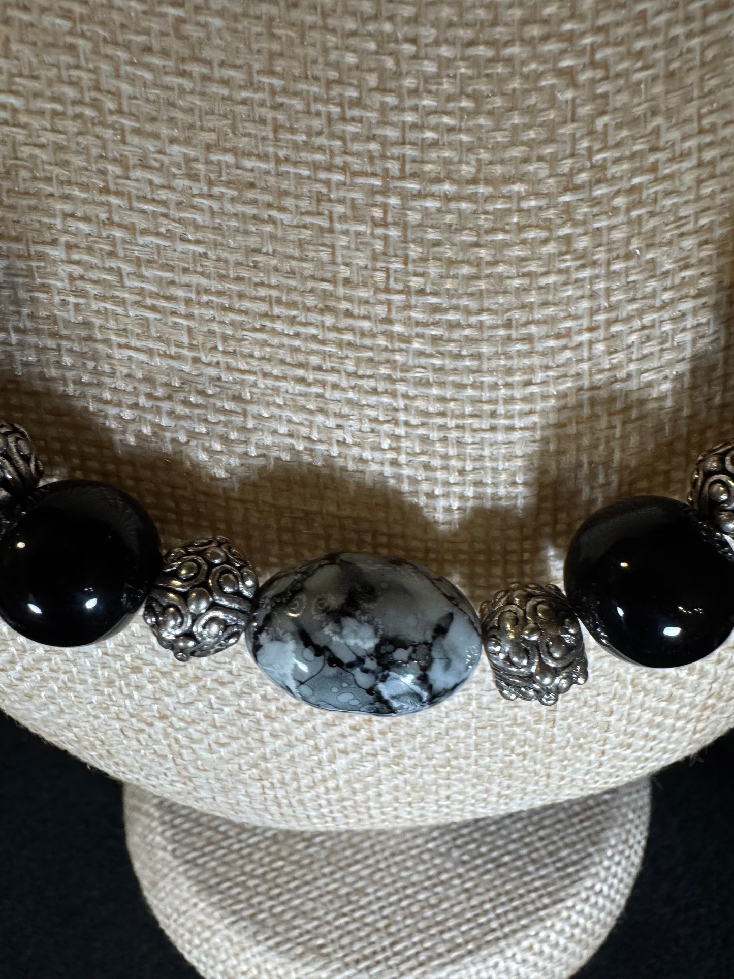 Statement Graduated Black Bead & Ornate Silver-Tone Necklace — Sculptural Elegance & Timeless Presence