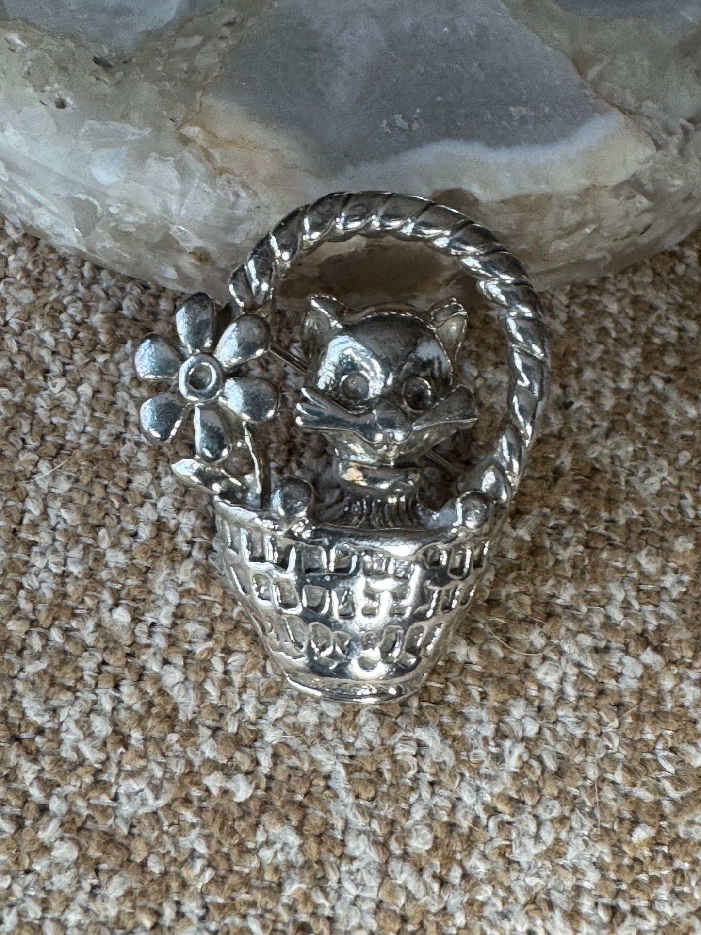 Vintage 925 Sterling Silver Kitty in Flower Basket Brooch — Charming Retro Detail