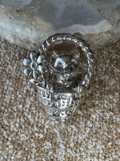 Vintage 925 Sterling Silver Kitty in Flower Basket Brooch — Charming Retro Detail