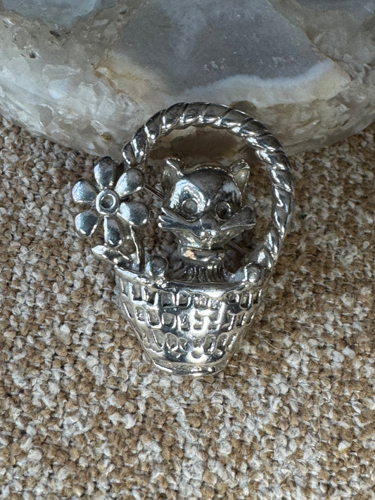 Vintage 925 Sterling Silver Kitty in Flower Basket Brooch — Charming Retro Detail