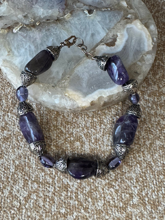 Chunky Amethyst & Silver‑Tone Statement Bracelet — Bohemian Artistry & Natural Elegance