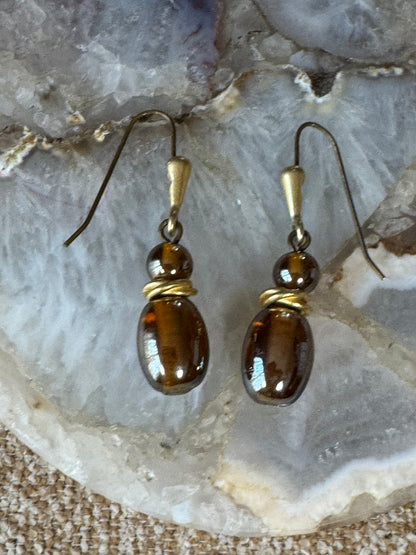 Earthy Brown Bead Dangle Earrings — Natural Stone Elegance