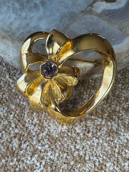 Vintage Signed Avon “Birthstone Heart” Brooch — Purple Crystal & Gold-Tone Bow Accent