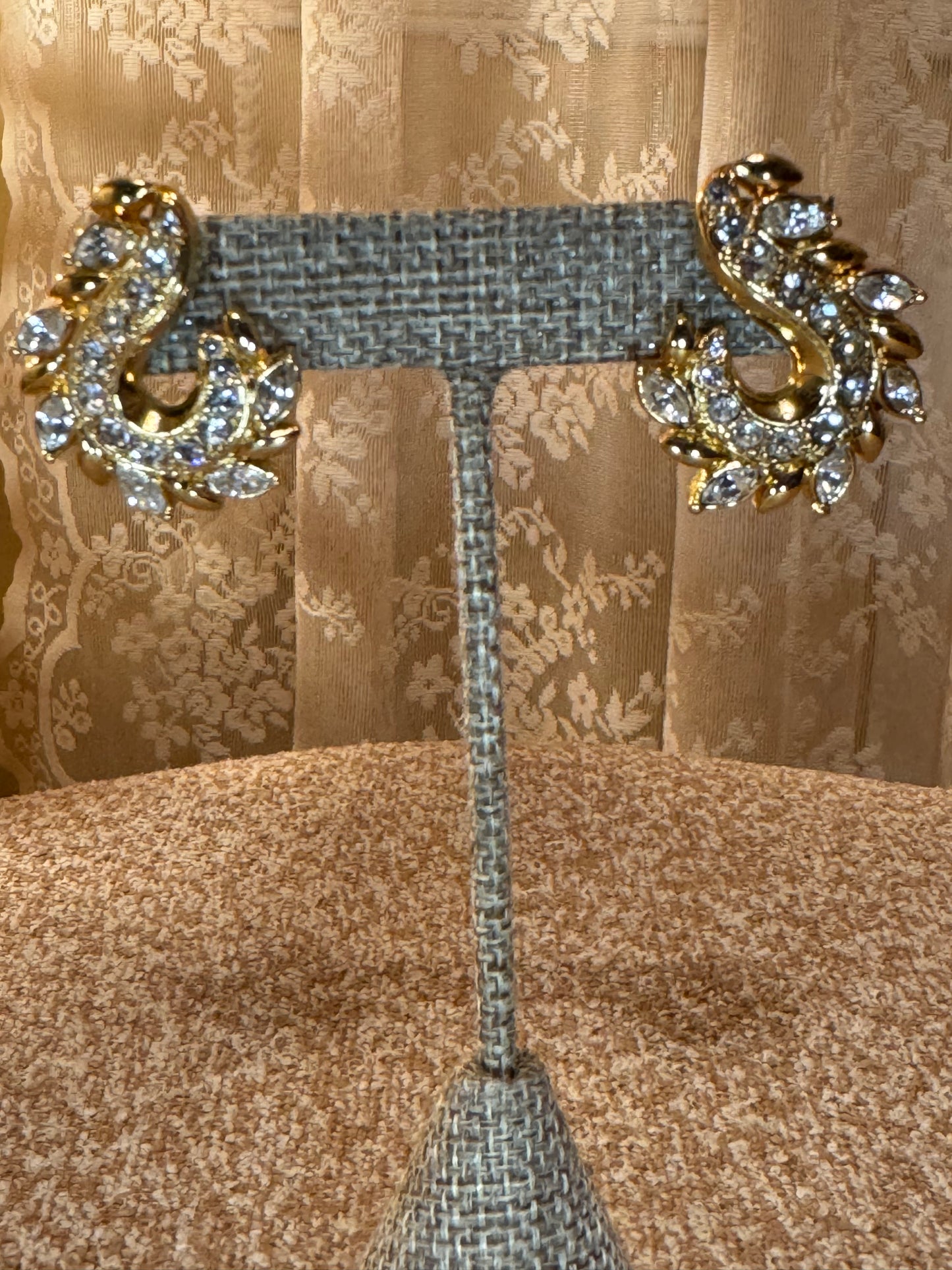 Signed Vintage Gold‑Tone Rhinestone Post Earrings — Timeless Sparkle & Sculptural Detail