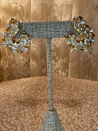 Signed Vintage Gold‑Tone Rhinestone Post Earrings — Timeless Sparkle & Sculptural Detail