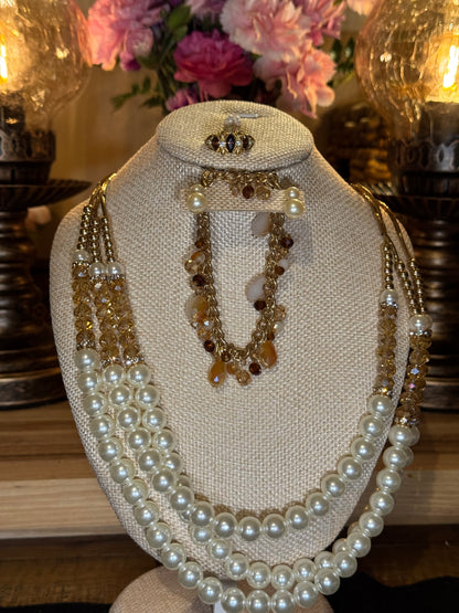 Luminous Multi-Strand Faux Pearl Necklace with Crystal & Golden Accents