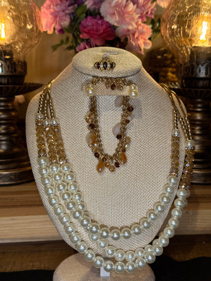Luminous Multi-Strand Faux Pearl Necklace with Crystal & Golden Accents