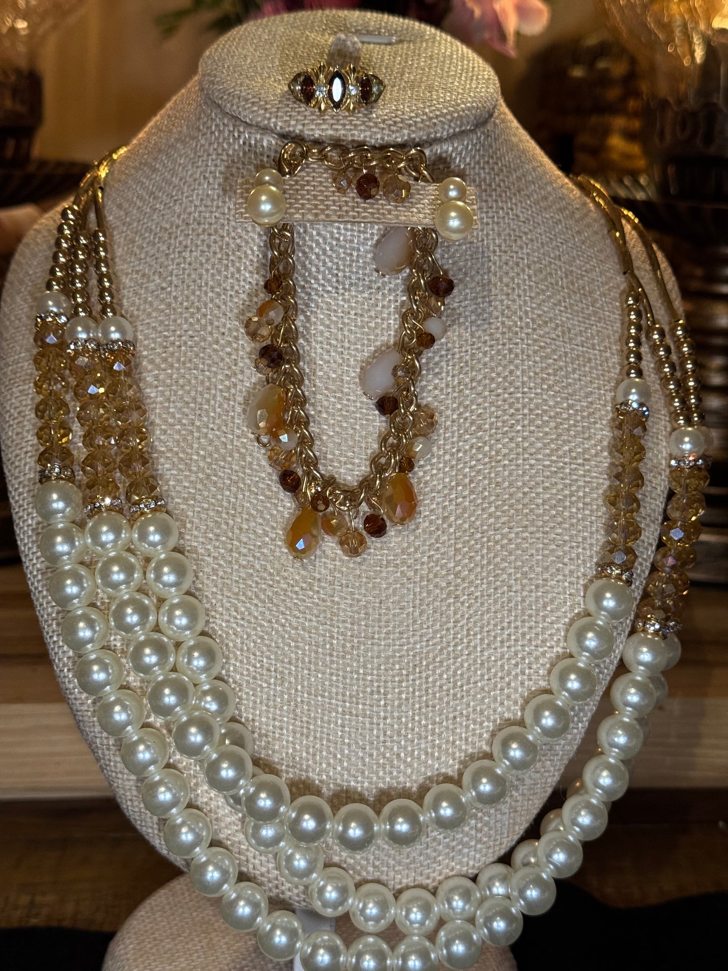 Luminous Multi-Strand Faux Pearl Necklace with Crystal & Golden Accents