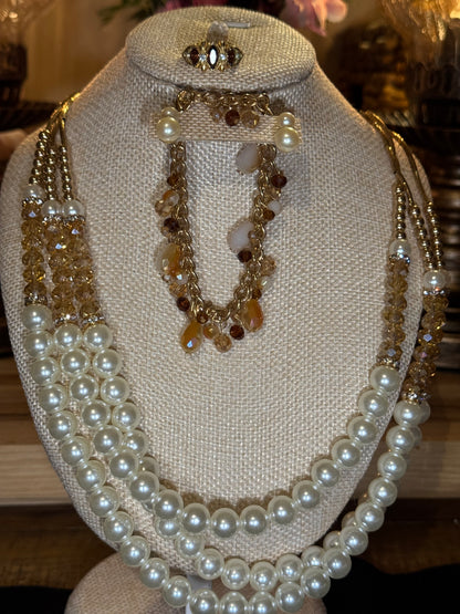 Luminous Multi-Strand Faux Pearl Necklace with Crystal & Golden Accents