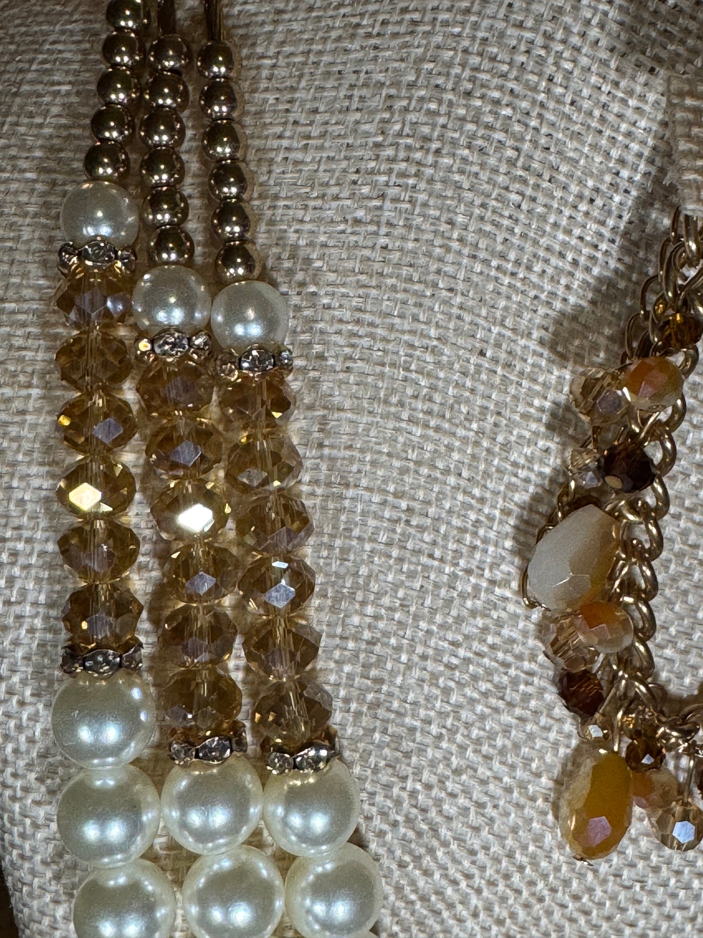 Luminous Multi-Strand Faux Pearl Necklace with Crystal & Golden Accents