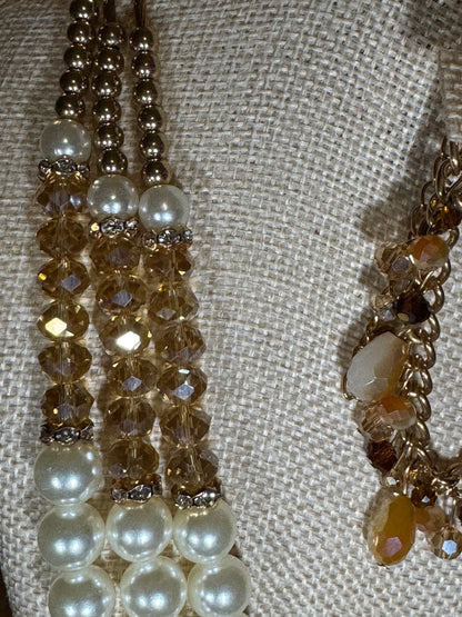 Luminous Multi-Strand Faux Pearl Necklace with Crystal & Golden Accents
