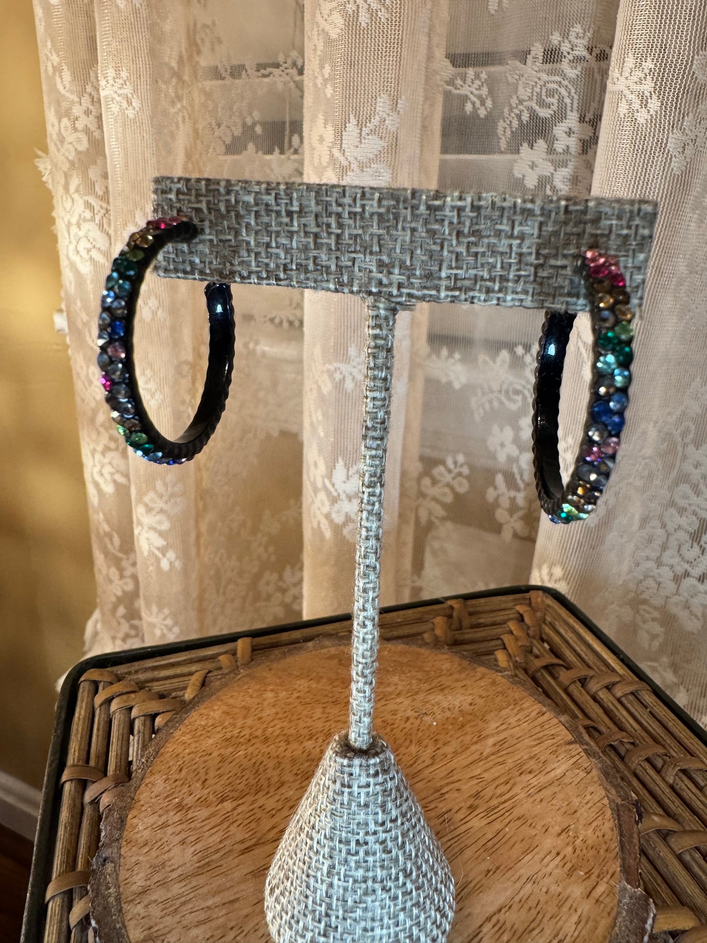 Black Hoop Statement Earrings – Multi-Color Crystal Accents