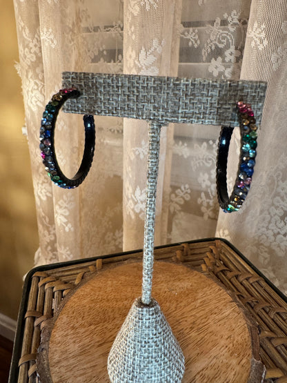 Black Hoop Statement Earrings – Multi-Color Crystal Accents