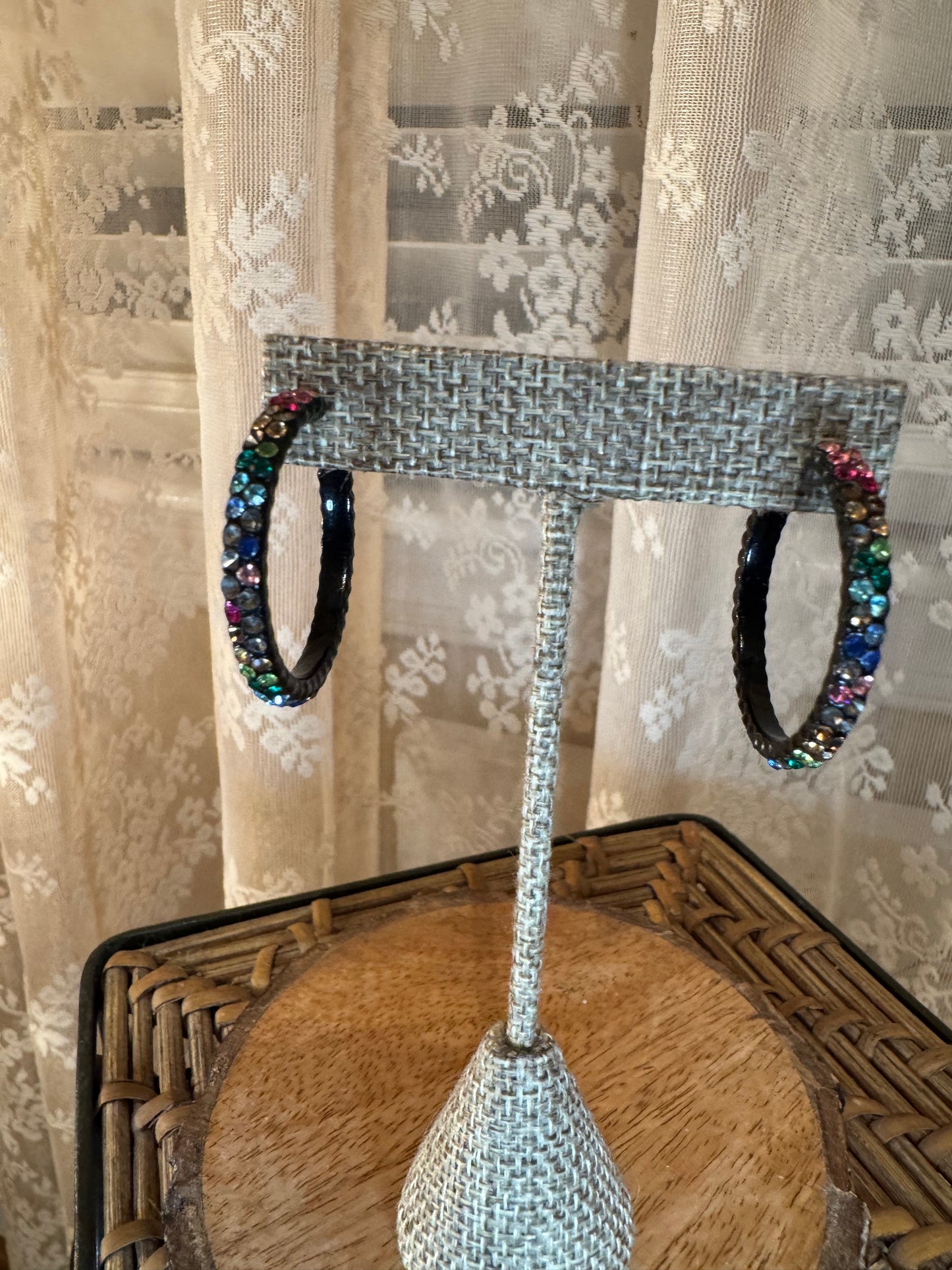 Black Hoop Statement Earrings – Multi-Color Crystal Accents
