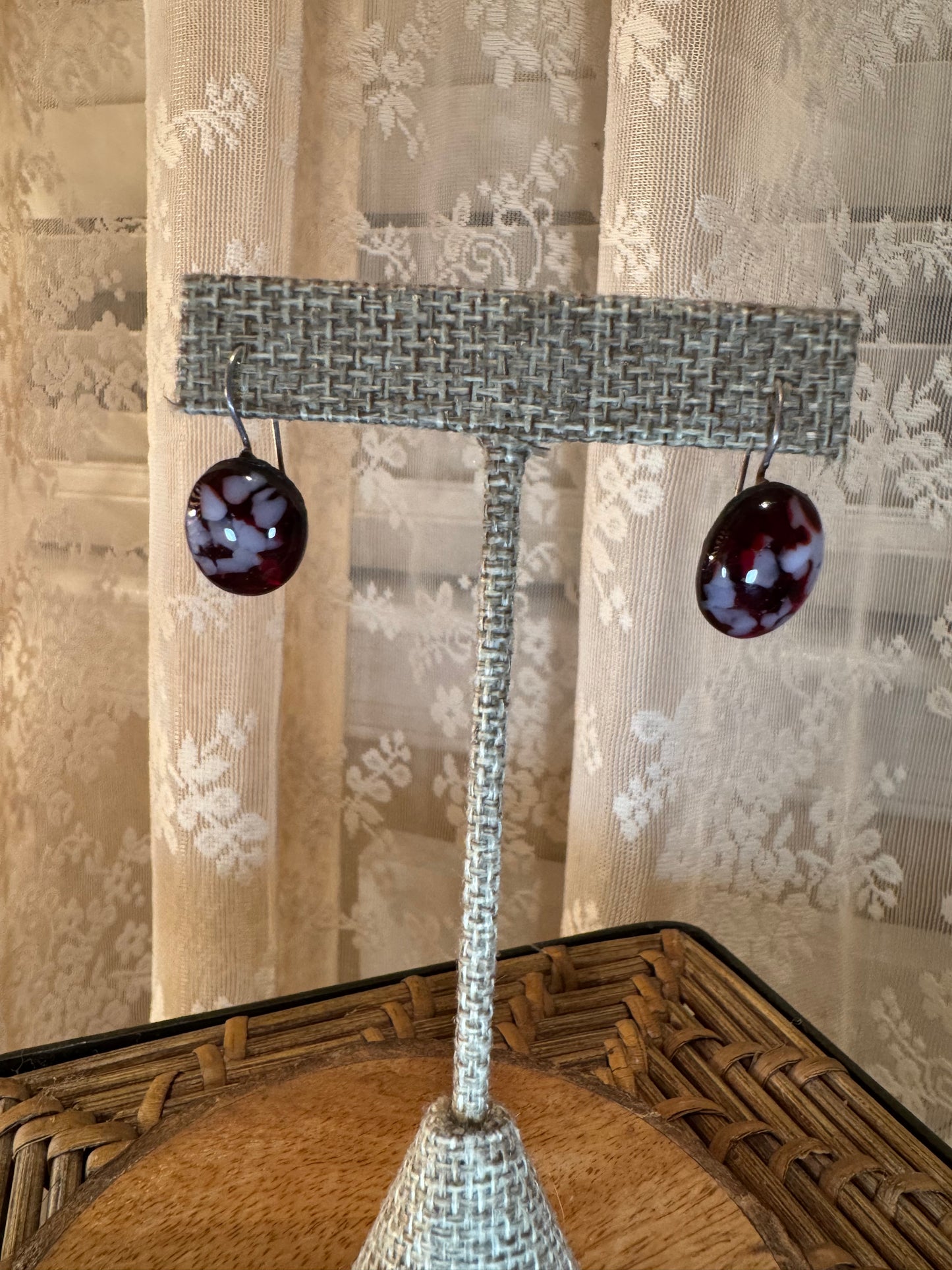Art Glass Earrings – Deep Red with White Flecked Design