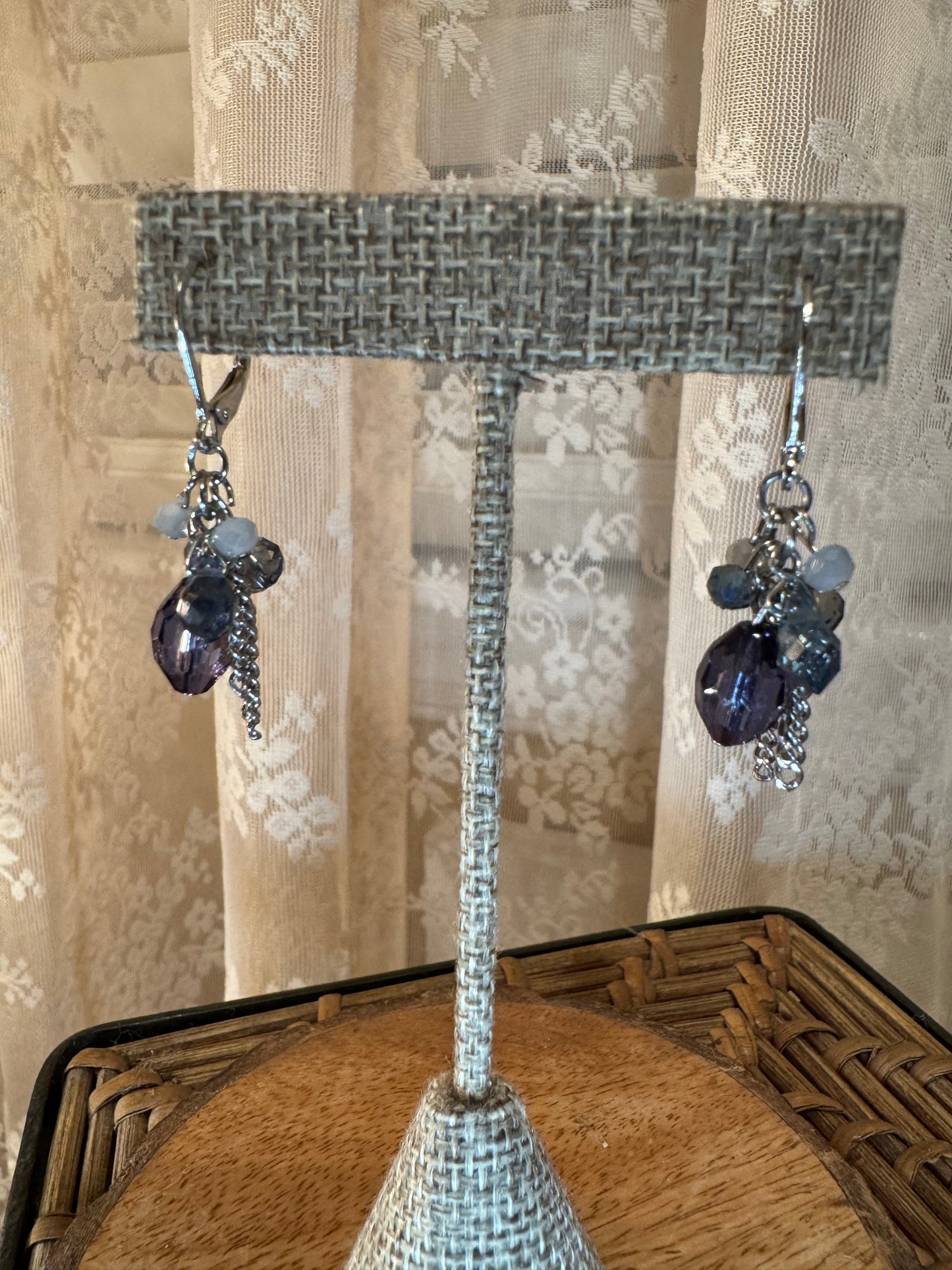 Silver Tone Cluster Dangle Earrings – Purple & Blue Bead Tassel Design