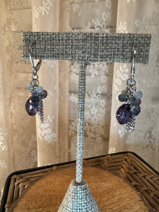 Silver Tone Cluster Dangle Earrings – Purple & Blue Bead Tassel Design