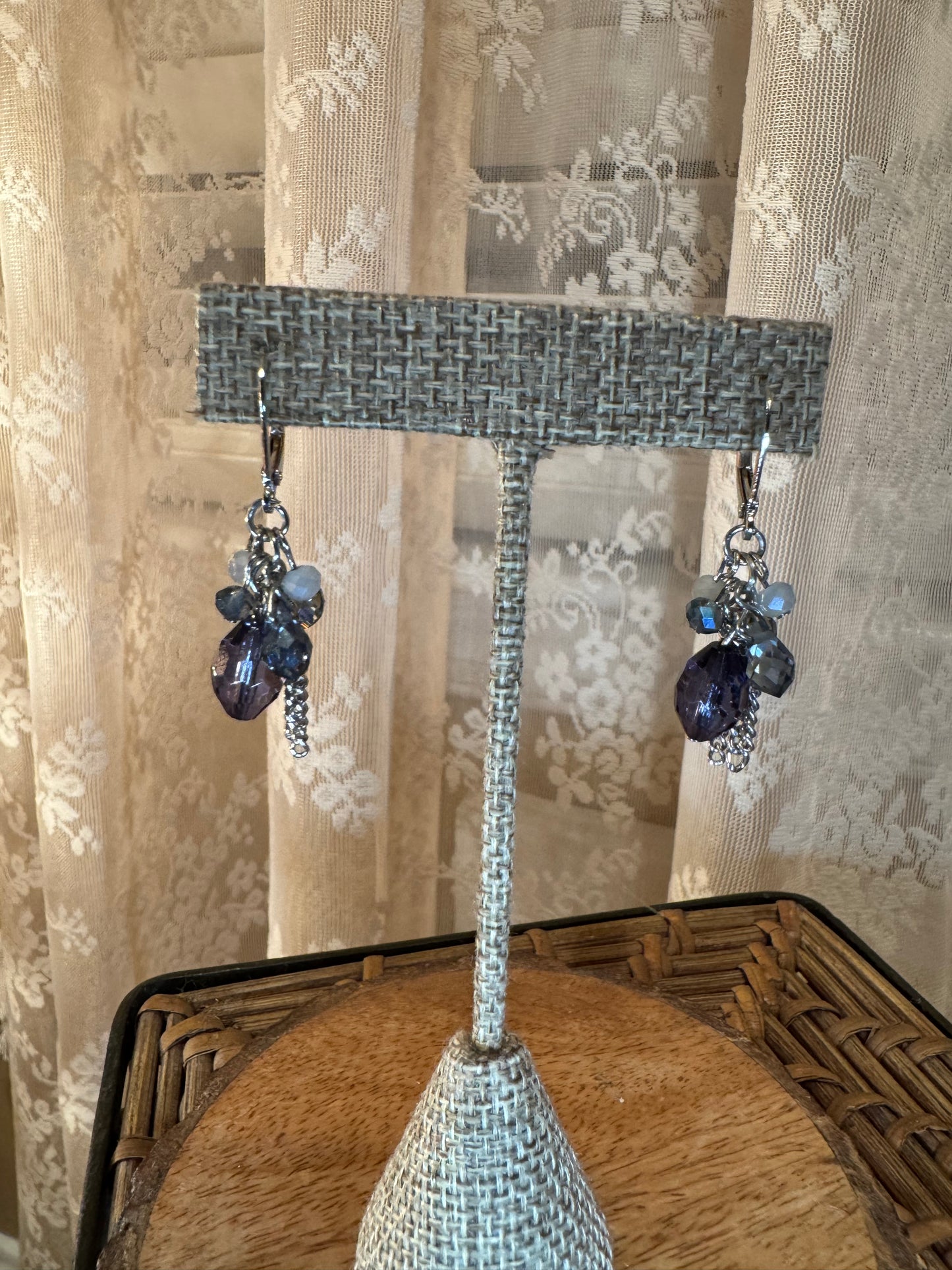 Silver Tone Cluster Dangle Earrings – Purple & Blue Bead Tassel Design