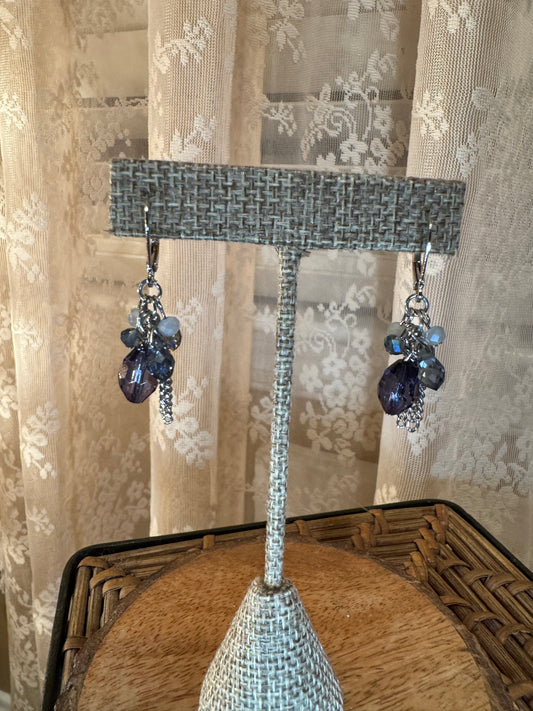 Silver Tone Cluster Dangle Earrings – Purple & Blue Bead Tassel Design