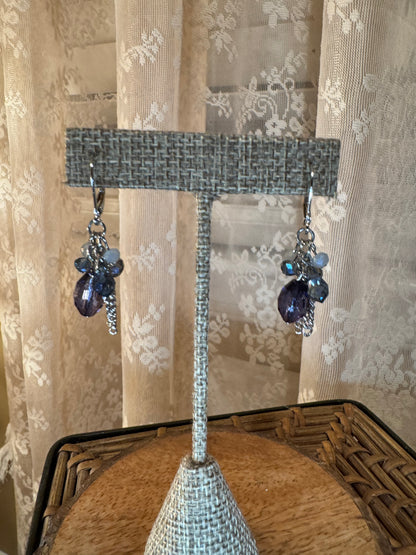 Silver Tone Cluster Dangle Earrings – Purple & Blue Bead Tassel Design