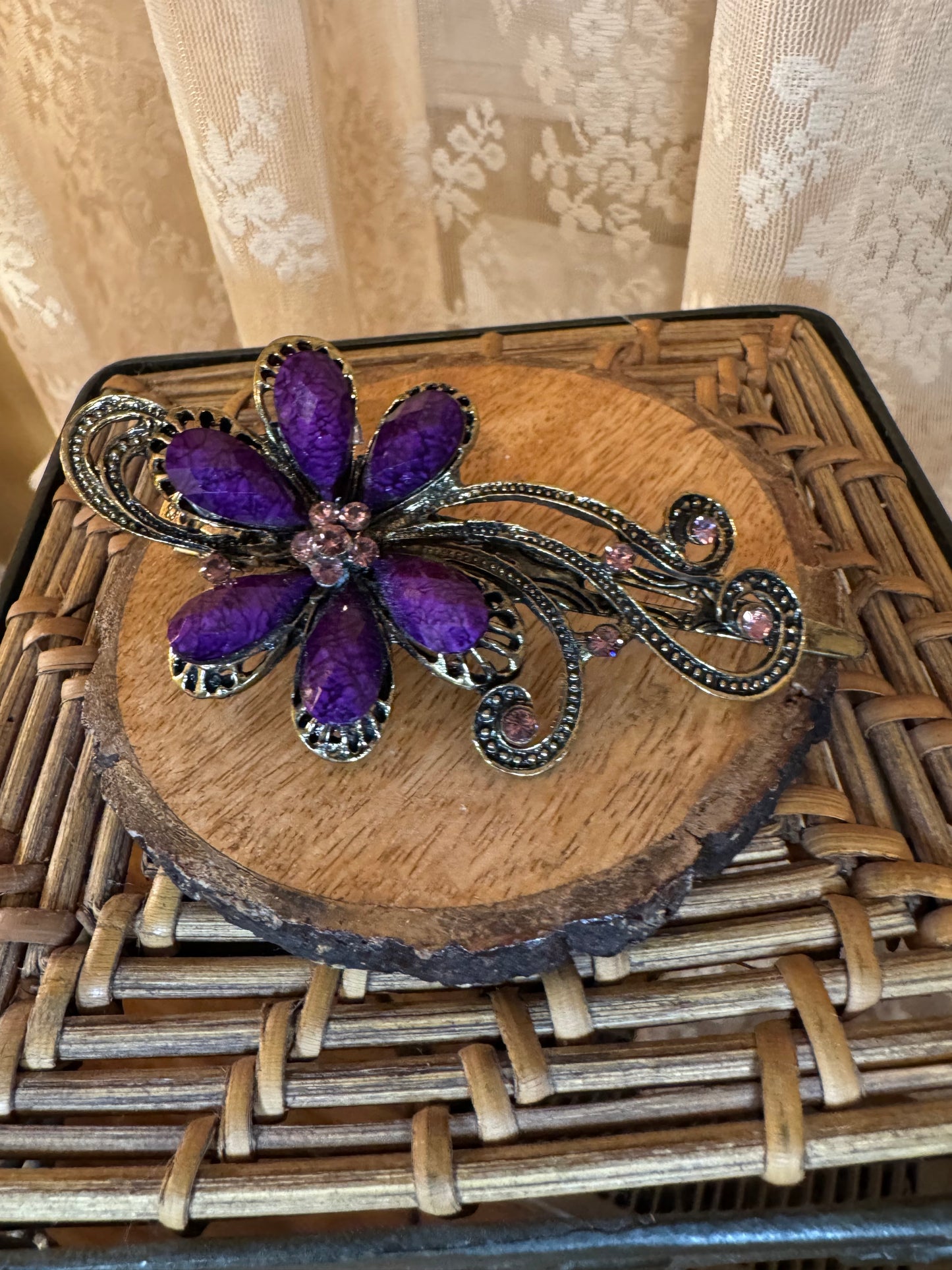 Vintage-Style Purple Crystal Floral Hair Barrette – Rhinestone Accent