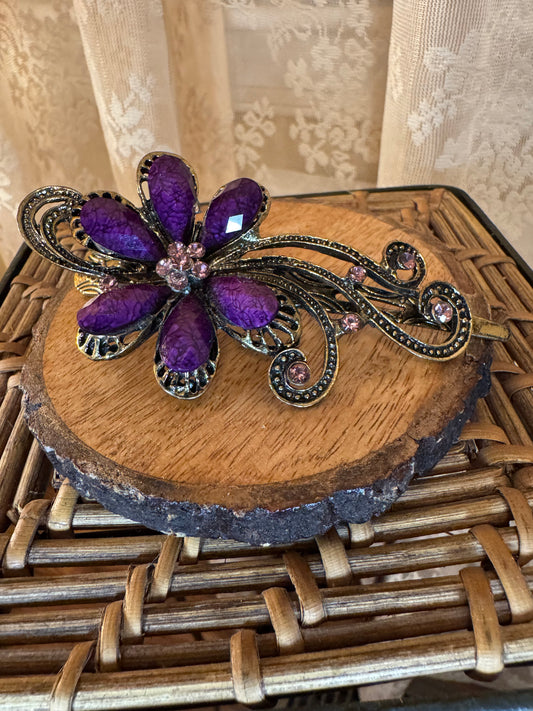 Vintage-Style Purple Crystal Floral Hair Barrette – Rhinestone Accent