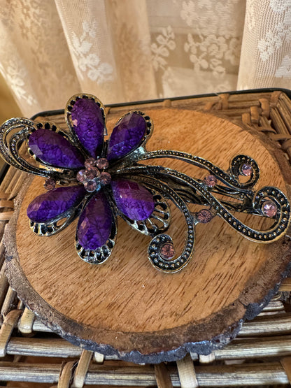 Vintage-Style Purple Crystal Floral Hair Barrette – Rhinestone Accent