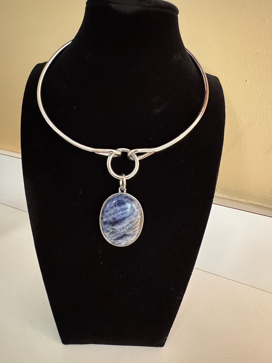 Signed White House Black Market Silver-Tone Pendant Choker with Blue and White Oval Stone Pendant