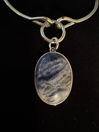 Signed White House Black Market Silver-Tone Pendant Choker with Blue and White Oval Stone Pendant